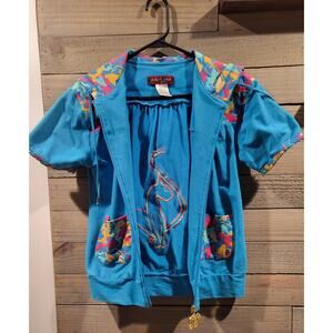 Vintage Baby Phat XL Flowery Blue Short Sleeves Hooded Jacket with POP Zipper